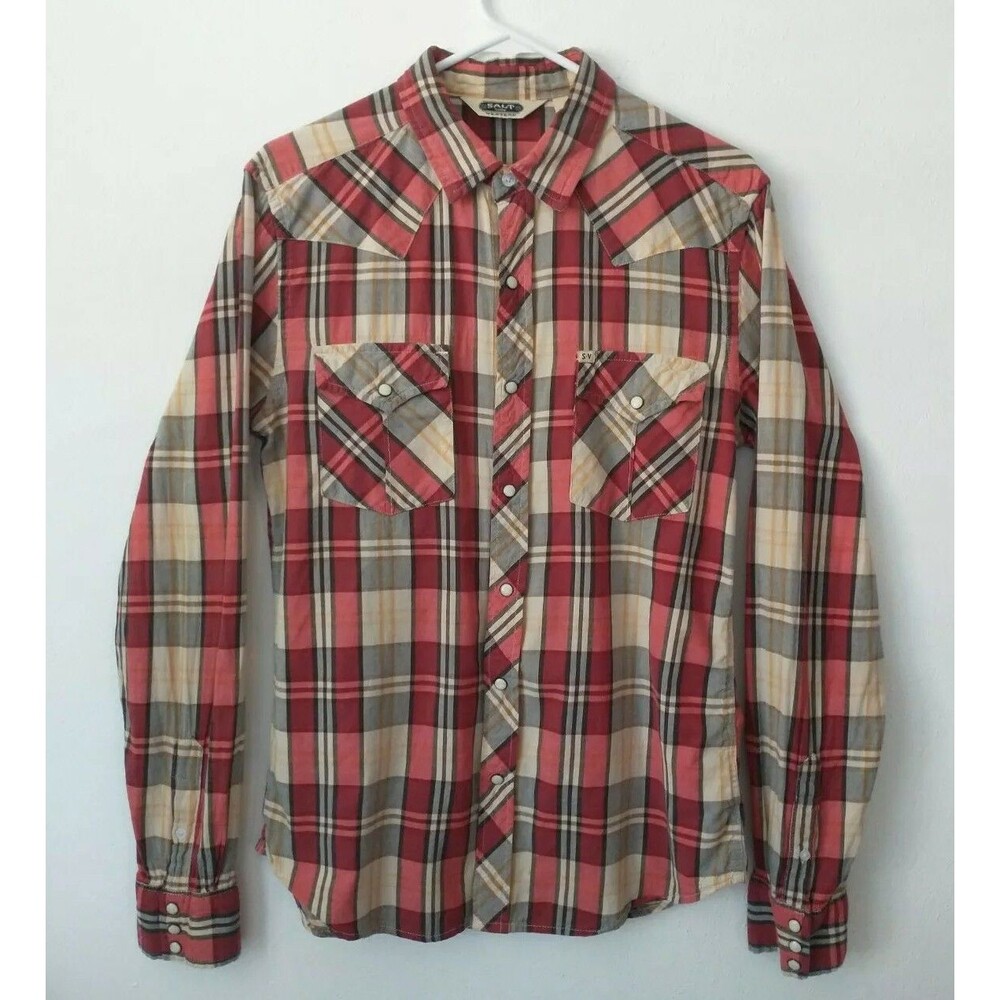 Salt Valley Western Pearl Snaps Plaid Womens Sz M Red Long Sleeve (25)